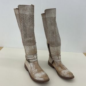 Women's Bed Stu White Tan Leather Perforated Tall Riding Biker Boots - Size 8.5